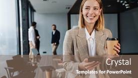  Presentation with beautiful black women smiling - Amazing PPT theme having beautiful-smiling-young-smart-businesswoman backdrop and a coral colored foreground
