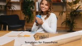  Presentation with woman office desk - Audience pleasing slides consisting of beautiful-smiling-young-woman-entrepreneur backdrop and a coral colored foreground