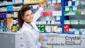  Presentation with pharmacy - Beautiful slides featuring beautiful smiling young woman pharmacist backdrop and a light blue colored foreground