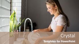  Presentation with kitchen - Slide deck with beautiful-smiling-young-woman-washes background and a coral colored foreground