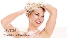  Presentation with hair shampoo - Theme featuring beautiful smiling young woman washing her hair with shampoo - isolated on white background and a lemonade colored foreground