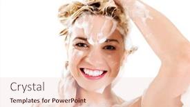  Presentation with hair shampoo - Beautiful presentation featuring beautiful smiling young woman washing her hair with shampoo - isolated on white backdrop and a lemonade colored foreground