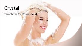  Presentation with hair shampoo - Theme featuring beautiful smiling young woman washing her hair with shampoo - isolated on white background and a sky blue colored foreground