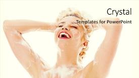 Presentation with hair shampoo - Presentation theme with beautiful smiling young woman washing background and a white colored foreground