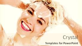  Presentation with hair shampoo - Slide set featuring beautiful smiling young woman washing her hair with shampoo - isolated on white background and a lemonade colored foreground