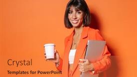  Presentation with takeaway coffee - Amazing PPT theme having beautiful-smiling-young-woman-wearing backdrop and a coral colored foreground