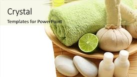  Presentation with spa herbal balls - Amazing slide set having beautiful spa composition herbal balls and towel in the bowl pebbles and cosmetics close up backdrop and a blonde colored foreground