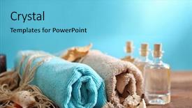  Presentation with blue spa - Beautiful presentation featuring beautiful spa composition on the table against blue background backdrop and a light blue colored foreground