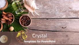  Presentation with palm - Slides with beautiful spa setting on palm leaf on wooden table background and a coral colored foreground