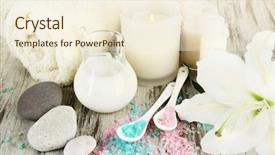  Presentation with table setting - Cool new theme with branch of spring flowers lilac isolated on white background lily backdrop and a sky blue colored foreground