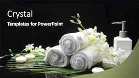  Presentation with palm oil - Colorful slide set enhanced with beautiful spa still life with white orchid green branch palm and candles oil bottle rolled towel candle backdrop and a black colored foreground