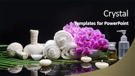  Presentation with palm oil - Presentation featuring beautiful spa still life with wpink orchid green branch palm and candles oil bottle rolled towel candle herbal ball background and a black colored foreground