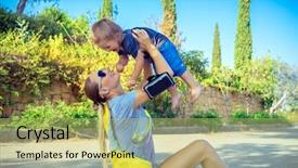  Presentation with healthy lifestyle cute - Presentation theme featuring beautiful sportive mother doing excercise background and a yellow colored foreground