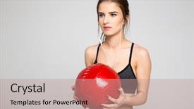  Presentation with sports medicine - Amazing PPT theme having beautiful sports woman holding medicine ball over gray background backdrop and a coral colored foreground