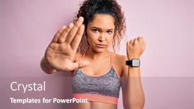  Presentation with smartwatch - PPT theme featuring beautiful-sportswoman-with-curly-hair background and a coral colored foreground