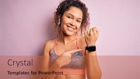  Presentation with smartwatch - Audience pleasing PPT theme consisting of beautiful-sportswoman-with-curly-hair backdrop and a red colored foreground