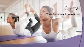  Presentation with women health - Beautiful presentation theme featuring beautiful sporty women doing yoga bow pose while lying on mat at spacious health studio with panoramic windows backdrop and a soft green colored foreground