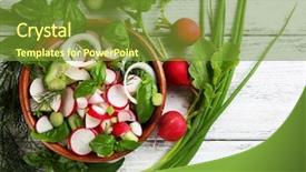  Presentation with fresh fruits salad on white - Amazing PPT theme having beautiful spring leaves - fresh vegetable salad on table backdrop and a tawny brown colored foreground