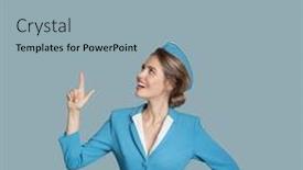  Presentation with points - Presentation theme consisting of beautiful stewardess points a finger on copyspace blue background background and a light blue colored foreground