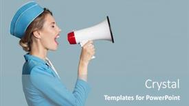  Presentation with rockets and space ships - Slide set with hostess - beautiful stewardess shouting in loudspeaker background and a light blue colored foreground