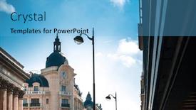  Presentation with city buildings - Beautiful presentation theme featuring beautiful-street-view-of-buildings backdrop and a light blue colored foreground