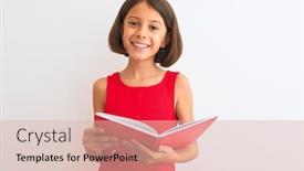  Presentation with girl reading - Presentation design featuring beautiful student child girl reading red book standing over isolated white background with a happy face standing and smiling with a confident smile showing teeth background and a lemonade colored foreground