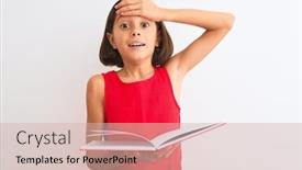 Presentation with angry child - Slide set enhanced with beautiful student child girl reading red book standing over isolated white background stressed with hand on head shocked with shame and surprise face angry and frustrated fear and upset for mistake background and a soft green colored foreground