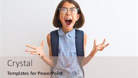  Presentation with yelling - Beautiful PPT theme featuring beautiful student child girl wearing backpack and glasses over isolated white background crazy and mad shouting and yelling with aggressive expression and arms raised frustration concept backdrop and a soft green colored foreground