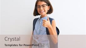  Presentation with backpack - Presentation design featuring beautiful student child girl wearing backpack and glasses over isolated white background doing happy thumbs up gesture with hand approving expression looking at the camera with showing success background and a mint green colored foreground