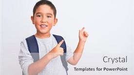  Presentation with student - PPT layouts having beautiful student kid boy wearing backpack standing over isolated white background with a big smile on face pointing with hand and finger to the side looking at the camera background and a sky blue colored foreground