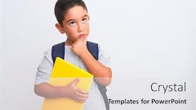  Presentation with backpack - Audience pleasing presentation theme consisting of beautiful student kid boy wearing backpack holding book over isolated white background serious face thinking about question very confused idea backdrop and a white colored foreground