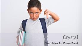  Presentation with angry kid - Cool new PPT layouts with beautiful-student-kid-boy-wearing backdrop and a light gray colored foreground