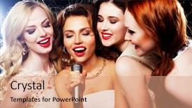  Presentation with cheerful stylish city girl using - Colorful presentation theme enhanced with beautiful stylish girls singing karaoke backdrop and a coral colored foreground