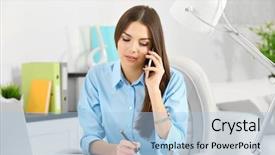  Presentation with successful - PPT layouts featuring beautiful successful woman talking background and a light blue colored foreground