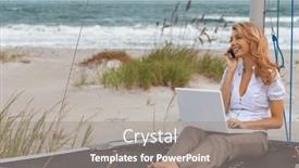  Presentation with remote working - PPT layouts enhanced with beautiful-successful-young-woman-sitting background and a gray colored foreground