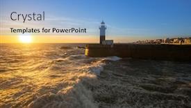  Presentation with lighthouse - Presentation design with beautiful sunset near the lighthouse on atlantic coast of porto portugal background and a light blue colored foreground