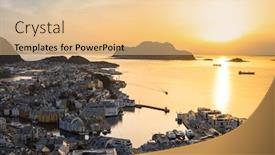  Presentation with west - Audience pleasing PPT theme consisting of beautiful sunset over alesund town in west norway backdrop and a lemonade colored foreground