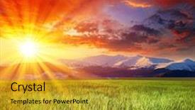  Presentation with green mountains - Presentation design having beautiful sunset over field background and a gold colored foreground