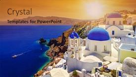  Presentation with island sunset - Slides having beautiful-sunset-over-oia-town background and a gold colored foreground