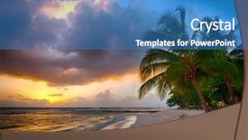  Presentation with island sunset - Cool new presentation design with beautiful sunset over the sea with a view at palms on the white beach on a caribbean island of barbados backdrop and a teal colored foreground
