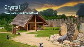  Presentation with trade - Amazing PPT theme having beautiful-sunset-over-the-settlement backdrop and a ocean colored foreground