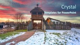  Presentation with trade - Slides consisting of beautiful-sunset-over-the-settlement background and a ocean colored foreground