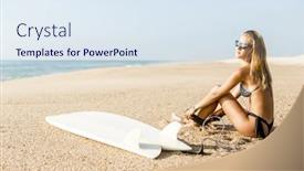  Presentation with leash - Colorful PPT layouts enhanced with beautiful surfer girl getting ready to surf and putting the leash backdrop and a sky blue colored foreground