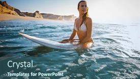  Presentation with waves - PPT theme having beautiful-surfer-woman-waiting background and a ocean colored foreground