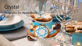  Presentation with table setting - Colorful PPT theme enhanced with beautiful table setting for hanukkah backdrop and a coral colored foreground