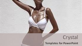  Presentation with tan - PPT theme featuring beautiful tan female model posing in bikini and sunglasses against white wall background and a light gray colored foreground