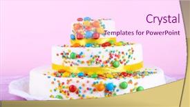  Presentation with birthday cake - Colorful PPT theme enhanced with piggy bank with calculator and coins on table backdrop and a light gray colored foreground