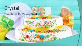  Presentation with gifts - Presentation theme featuring close up colorful candy - beautiful tasty birthday cake background and a arctic colored foreground