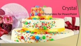  Presentation with mini birthday cake celebration - Presentation design featuring beautiful tasty birthday cake background and a coral colored foreground