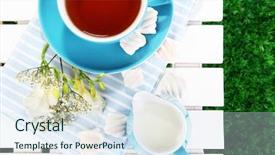  Presentation with picnic - PPT theme having beautiful tea composition on wooden picnic table close-up background and a sky blue colored foreground